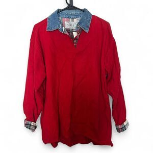 vintage 90s 1990s retro aesthetic Red denim collar button up shirt with plaid